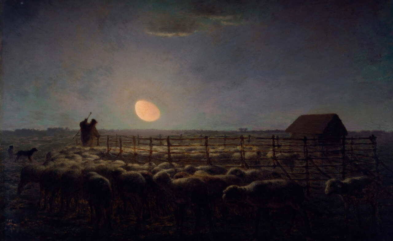 Jean-François Millet-Shepherd with flock of sheep in the moonlight